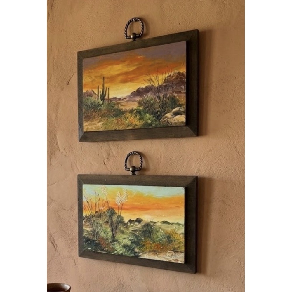 Vintage Pair Reva Desert Oil Paintings Southwest Cactus Sunset Wood Plaque 5 X 7